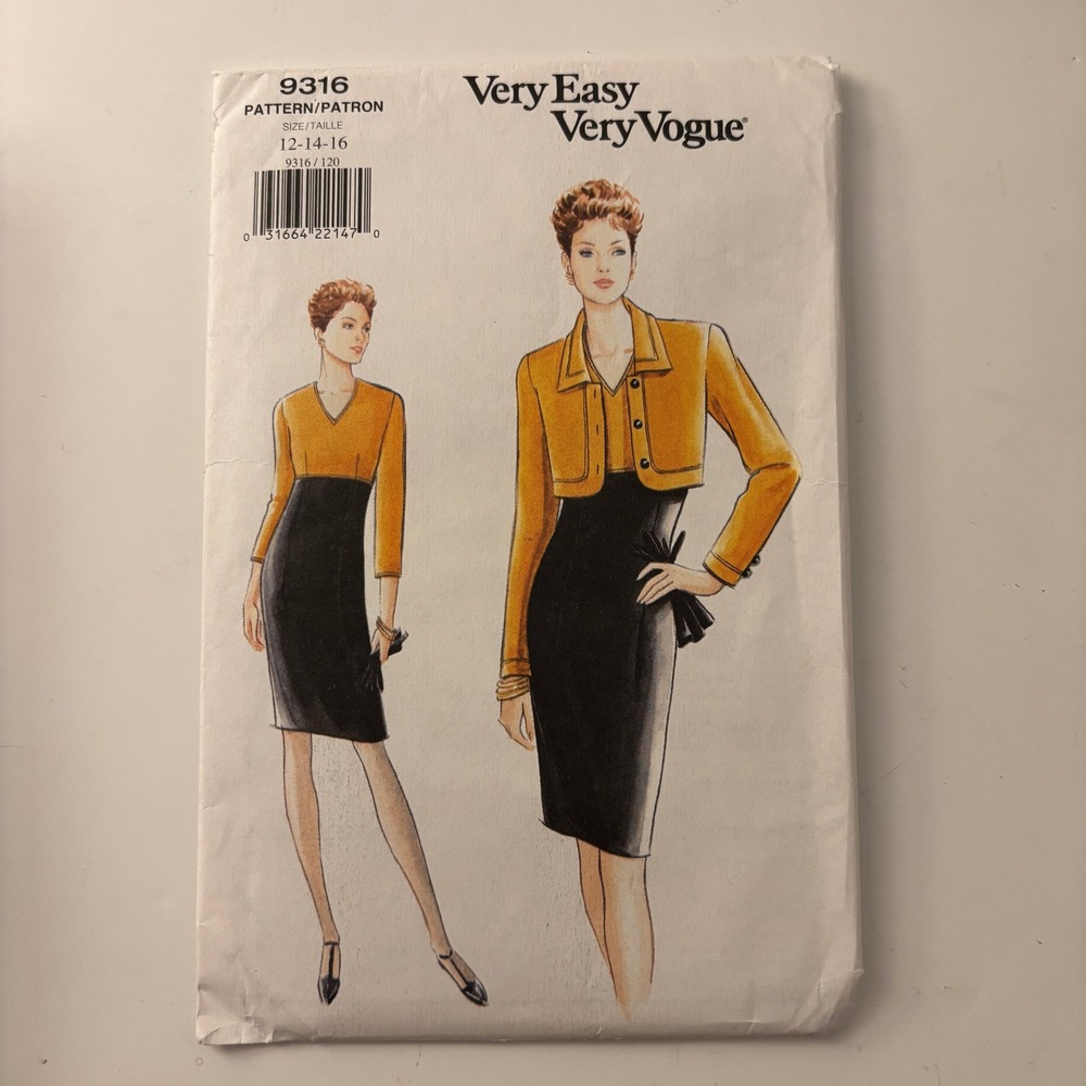 VTG Vogue 9316 Cropped Bolero Jacket Colorblock Sheath Dress Pattern Sz 12-16 FF